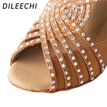 DILEECHI Diamant bronze sort Satin Latin dansesko kvinde Salsa Party Rhinestones Balsal dans sko Med hæl 7cm lynlås