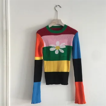 Harajuku strikket sweater Rainbow Trøjer Strikket Stribe Rullekrave Pullovere Vinter Tøj, Bomuld, Lang Sweater Kvinder