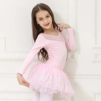 Piger ballet dress dans trikot pink langærmet trikot mesh halsudskæring folie udskrivning pink ballet tutu ballerina kjole børn