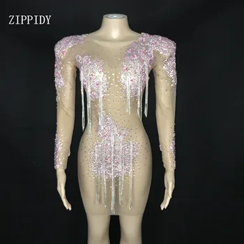 2020 Nye Design Pink Krystaller Frynser Kjole Prom Aften Fejre Se Gennem Mesh Kjole Lysende Fødselsdag Gennemsigtig Kjole