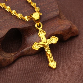Lille Kors Vedhæng Gul Guld Fyldt Kvinder Mænd Crucifix Vedhæng Kæde