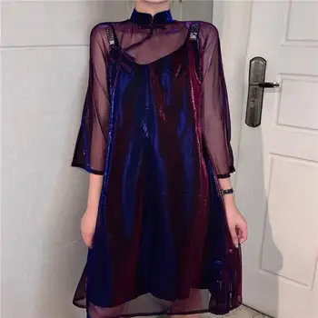 Retro Kinesisk Stil Kjoler Kvinder Spænde Mesh Kjoler Sommer Sort Rem To Piesce 2019 Nye Mode Afslappet To Dragter