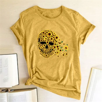 Kraniet Solsikke Print T-shirts, Kvinder Tøj Sommer-Shirts til Kvinder Løse Grafiske T-Shirts Æstetiske Camisetas Mujer Verano