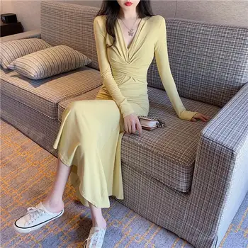 Elegant fransk Stil Kjole Kvinder Solid Fuld V-Hals, Slank Sexet Casual Chiffon Designer koreansk Stil Smarte Nye 2020-Kvinder ' s Efterår