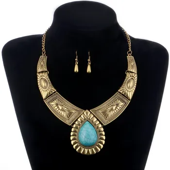 Tibetansk Guld Smykker Sæt Choker Halskæde Krave Øreringe Indstillet På En Naturlig Blå Sten Perler Afrikanske Smykker Til Kvinder