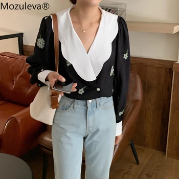 Mozuleva Vintage Bluser 2020 Elegant V-hals Splejset Udskrivning Broderi koreanske Bomuld Skjorte Kvinder Lange Ærmer Løse Toppe