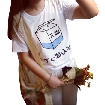 Mælk, Juice Japanses Æstetiske Grunge Søde Tegneserie T-shirt Kvinder Harajuku Kawaii Pink Sommeren Afslappet Tumblr Tøj Fashion T-shirt