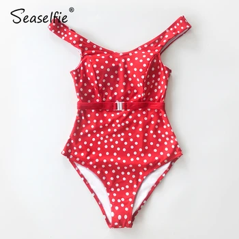 SEASELFIE Red Polka Dot i Ét Stykke med Bælte Kvinder Sexet Skåret Ud Badedragt Monokinis 2021 badedragt Sommeren Badetøj