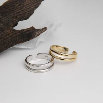 Silvology 925 Sterling Sølv Dobbelt Lag Asymmetri Ringe til Kvinder Elegant Linje Blank Smarte Ringe Fashionable Smykker Designer