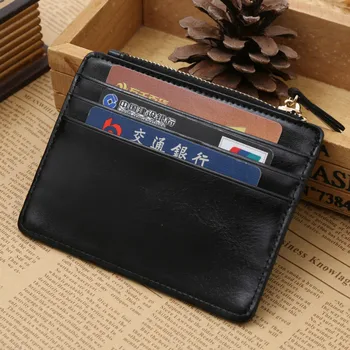 Kvalitetssikring pu læder card pung med lynlås lomme casual lille tegnebog mini ren mand haspe kreditkort holder