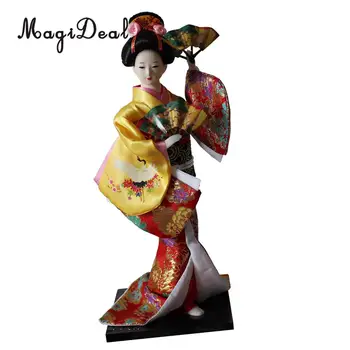 12 tommer Vintage Japansk Kimono Geisha Dukke Figur i Gult Tøj, boligindretning