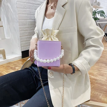 Fashion Square Box Crossbody Tasker Kvinder PU Læder Pearl Kæde Mini Skulder Taske Kvindelige Slynge Messenger Tote Handbag