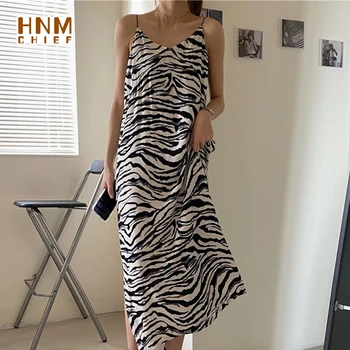 HNMCHIEF Brun undertøj mid-kalv længde sexede kvinder sommeren Zebra mønster ærmeløs lang nat-kjole satin natkjole nattøj