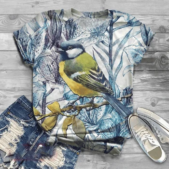 Vintage Fugl Malet Kvinder Tshirt Top Korte Ærmer Dyr Trykte O-Neck t-Shirt Femme Sommeren Damer 2021 Sommer T-shirts