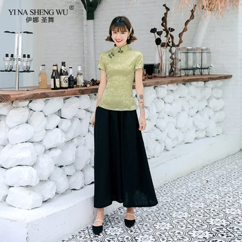 Kvindelige Slank Cheongsam Tang Lag Bomulds-Toppe Plus Size Kinesiske Traditionelle Bløde Satin Kinesisk Stil Shirt Sort Nederdel For Kvinder