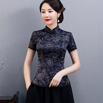 Oversize Kinesisk Stil Kvinder Shirt M-5XL Vintage Bryllup Bluse Dame Tøj Sommeren Qipao Kjole Mandarin Collar Kjole Vestido