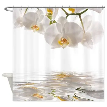 Hvide Orkideer Badeforhæng Mat Dekorative Vandtæt Polyester Stof Badeværelse Gardin Sæt Hjem Badekar Indretning