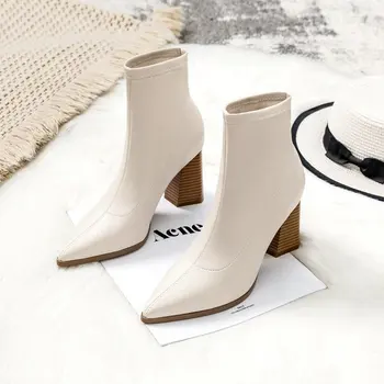 2020 Vinter Fashion Kvinder Støvler Beige Spids Tå Elastisk Ankel Støvler Hæle Sko Til Efterår Og Vinter Kvindelige Sokker Støvler