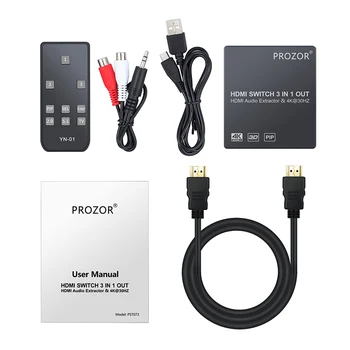 PROSTER til HDMI Lyd Extractor 3x1 HDMI Switch Audio Converter Extractor Analoge Optiske Toslink SPDIF-Output IR-Fjernbetjening