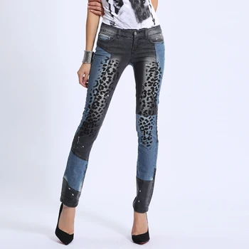 Forår, Fall Fashion Kvinder Patchwork Designer Leopard Mønster Tynde Blyant Denim Bukser , Kvindelige Strække Trykt Jeans Bukser
