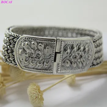 BOCAI S925 sterling sølv mandlige og kvindelige armbånd 2020 nye mode håndlavet vævet mønster blomst LÅS Thai sølv ARMBÅND