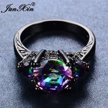 JUNXIN Mode Kvindelige Regnbue Ringen Mysterium Geometriske Ring Sort Guld Fyldt Smykker, Vintage vielsesringe Til Mænd Og Kvinder