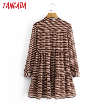 Tangada 2021 Fashion Kvinder Geometri Print Chiffon Skjorte Kjole Vintage Lange Ærmer Kontor Damer Mini Kjole 3A48