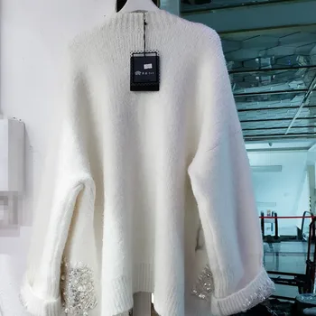 Efterår og vinter nye Europæiske og Amerikanske stil beaded paillet polar fleece sweater løs mid-længde cardigan sweater