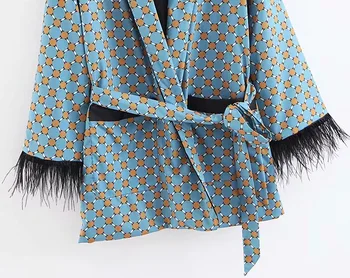 Toppies 2020 Blå Prik, der er Trykt Silke Bånd Kimono Jakke Med Fjer Ærmerne Bred Ben Løs Cuasal Kvinder Vintage Tøj der Passer