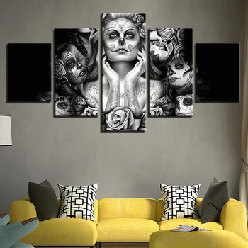 Canvas Billeder Modulære For Living Room Home Decor 5 Stykker Day Of The Dead Ansigt Malerier HD Udskriver Sukker Skull Plakat Kunst på væggene