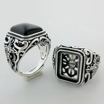 Ægte 925 Sølv Sort Granat S925 ring For Mænd Blomst Mode Åbne Størrelsen ring Sterling Sølv Thai Sølv Smykker