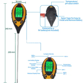 Digital Jord PH Tester 4 i 1 Jord Tester PH Fugt Meter Husstand LCD-Display, som haveplante Temperatur, Lys Tester Analyzer