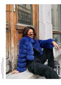 Mode Beskåret Pels Top Kvinder SATIN Fox Fur Frakke Plus Size skrue Ned Pels Krave Vinter Frakke Kvinder Fluffy Pels Jakke