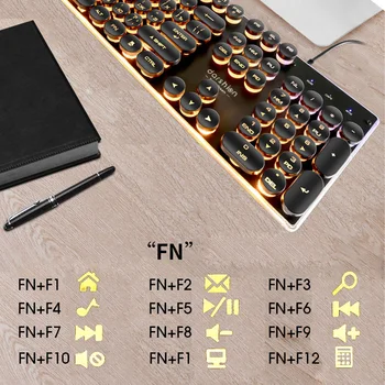 Steampunk Retro Gaming Tastatur russisk/engelsk Layout Runde Keycap Baggrundsbelyst USB-Kablet Glødende Metal Panel Crystal Grænsen