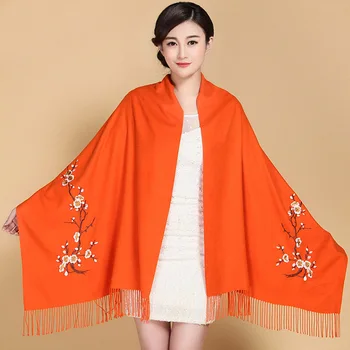 Nye Kinesiske Brodere Blomst Tørklæde Damer Ethinc Style Vinter Varm Tykkere Cashmere Pashmina Overdimensionerede Sjal til Kvinder