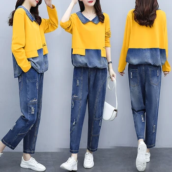 2021 foråret kvinders mode plus size Patchwork denim, toppe+slidte jeans passer kvindelige vintage store to-delt sæt