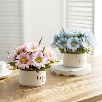 Daisy Kunstig Blomst Med Flower Pot Vintage Stil, Falske Blomster Decor Potteplante Home Office Desktop