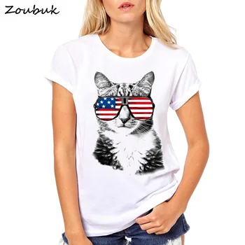 Nyeste kat med AMERIKANSKE flag solbriller design t-shirt til mænd, kvinder mode funny animal print tshirt hipster toppe cool t-shirts plus størrelse