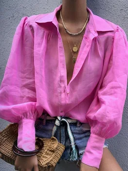 Kvinder Bluser 2019 Efteråret Kontor Dame Farverige Skjorter Lanterne Ærme Knapper Pink Hvid Blå Orange Bluse Sexet Plus Size Toppe