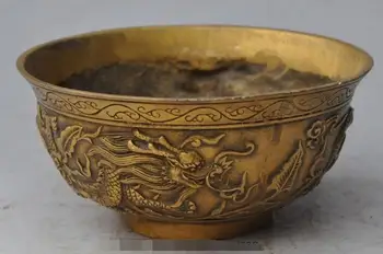 S01701 markeret kinesiske palace ren bronze forgyldt Fortune Dragon spil perle statue bowl cup