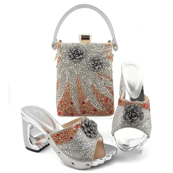 Fashionable vin, kvinder pumper med krystal-blomst dekoration stil afrikanske kjole sko passer håndtaske sæt MD013,hæl 9CM