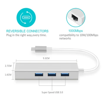 USB-C Ethernet-Adapter 3 USB-C-Hub til Ethernet RJ45 Lan-Adapter, Gigabit netkort Internet til Macbook Pro Air Type C-Hub