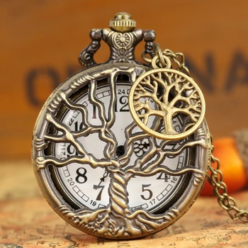 Hule Liv Træ Quartz lommeur Udødelige Halskæde Kæde Bronze Design Vedhæng Ur Gamle Vintage Fob reloj + Træ Tilbehør