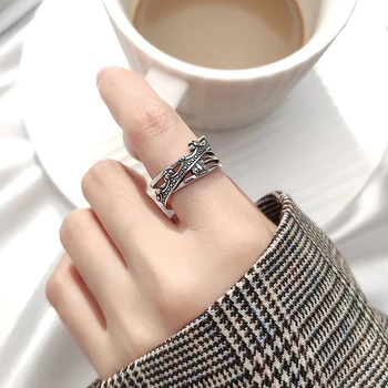 Store Chunky Trendy Crown Thai 925 Sterling Sølv Ring For Kvinder Retro Multi-lag Justerbar Stabelbare Ring Smykker Gave