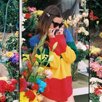 Paris Pige Rainbow Harajuku Retro Sｗeaters Kvinder Street Løs Strikket Tøj Mode Stribet Gradient O-Neck Pullover, Sweater