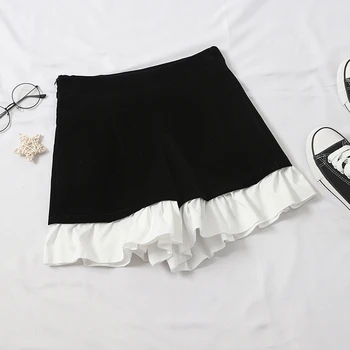 Mini Shorts Sæt 2PC Pige Retro Sort / Hvid Bluse og Høj Talje Bukser Passer til To-delt Sæt, koreansk Mode Kvinder Pjusket Shirt