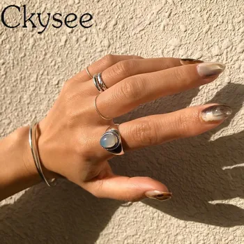 Ckysee 925 Sterling Sølv Ringe, Store Hvide Æg Agat Vintage Ringe Til Kvinden I Fransk Stil, Som Kvindelige Luksus Fine Smykker