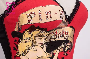 Corzzet Gotiske Rød Bomuld Rhinestone Kæde Kvinder Steampunk Print Rem Overbust Korset Camisole Sexet Undertøj Burlesque Corselet