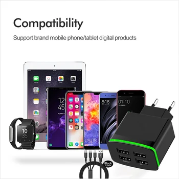 4 Ports USB-Oplader EU-Hurtig Oplader Til iPhone, Samsung, Huawei 5V 4A Mobiltelefon Universal Hurtig Opladning LED-Lys-Væg Adapter