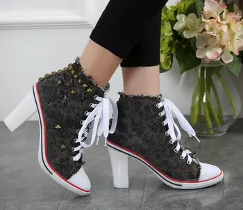 Kvinde mode kortfattet og overfladisk i Foråret og Efteråret Åndbar shose sexet lærred lace-up hæle pumper party kvinder sko